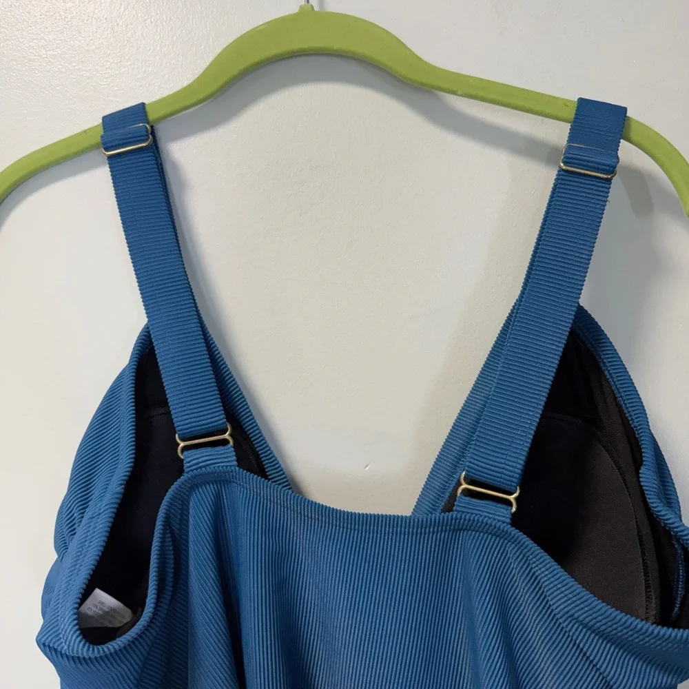 Kona‎ Sol Womens XL Blue Ribbed Front Zip One Piece Swimsuit Adjustable Straps